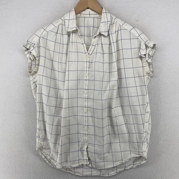 MADEWELL Top Womens XL Windowpane Button Front Tie Sleeve Cotton Off White - Picture 1 of 11